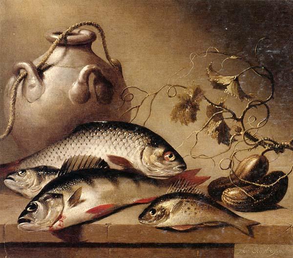 Still life of freshwater fish,together with an earthenware pot and ghrkins,upon a stone ledge, Harmen van Steenwyck